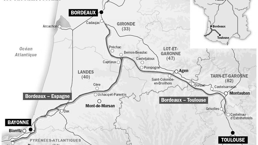 carte du projet de lgv entre bordeaux toulouse et narbonne