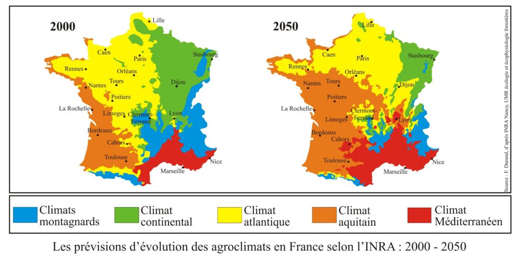 Carte des prévisions d'évolution des agroclimats en France