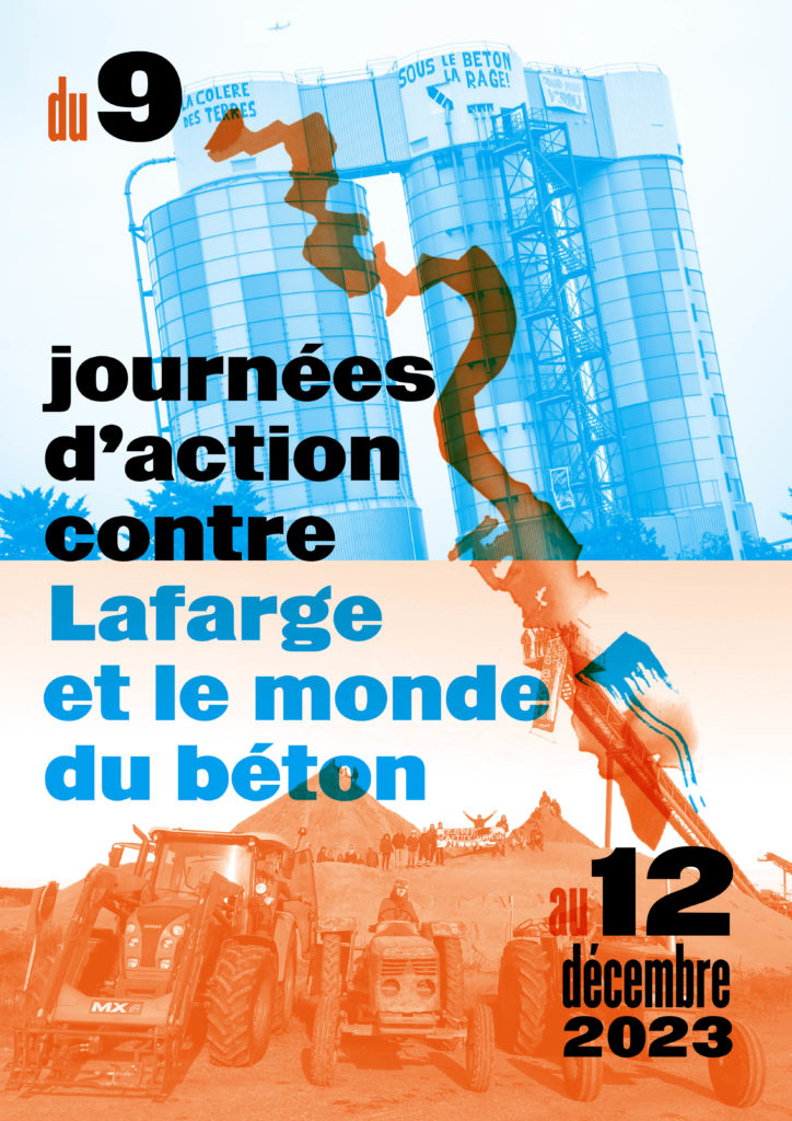 Affiche des journées d'action contre Lafarge et le monde du béton du 9 au 12 décembre 2023