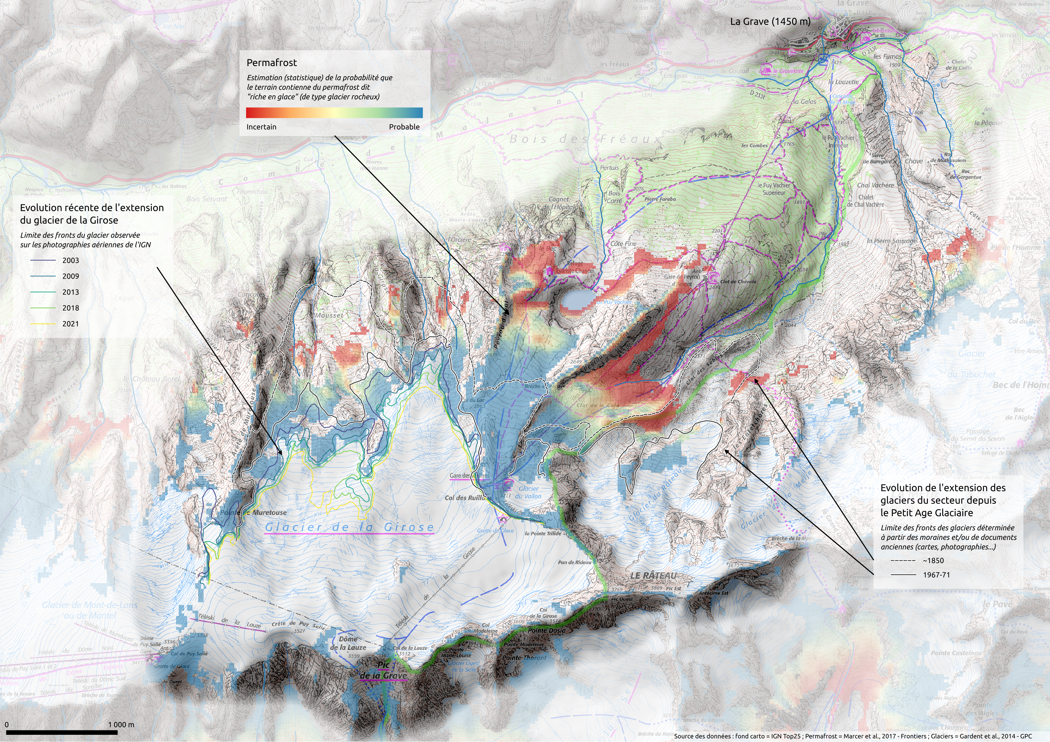 Carte géomorphologique des glaciers de la Girose et du Râteau, dans le massif de la Meije à proximité de la Grave.