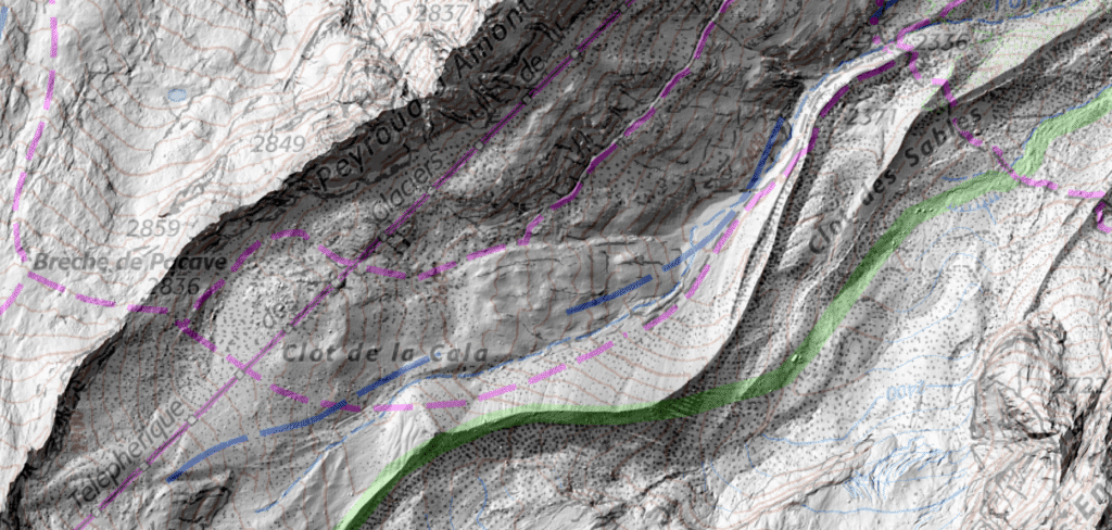 Carte du glacier du Râteau, dans le massif de la Meije à proximité de la Grave.